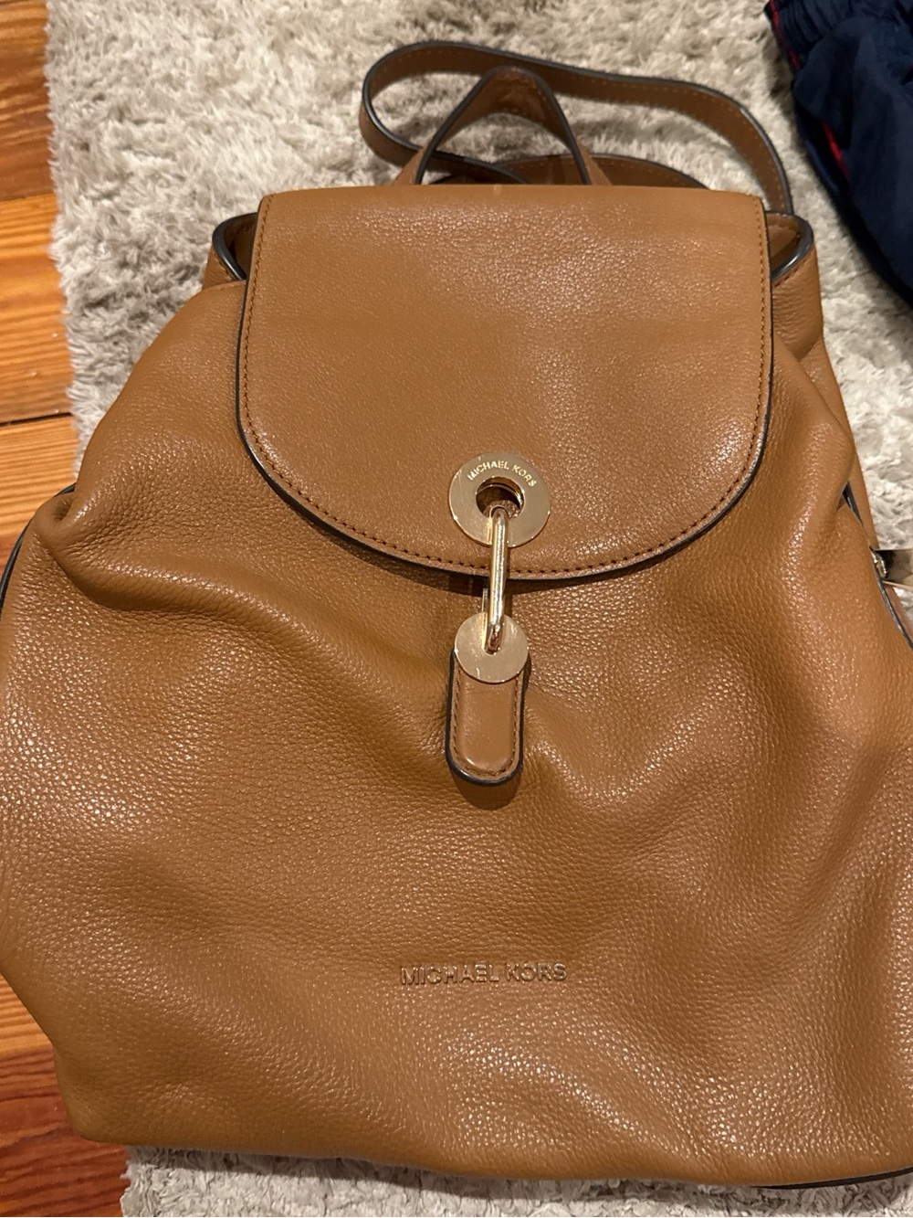 Michael Kors Cognac Leather Drawstring Backpack with Gold Hardware